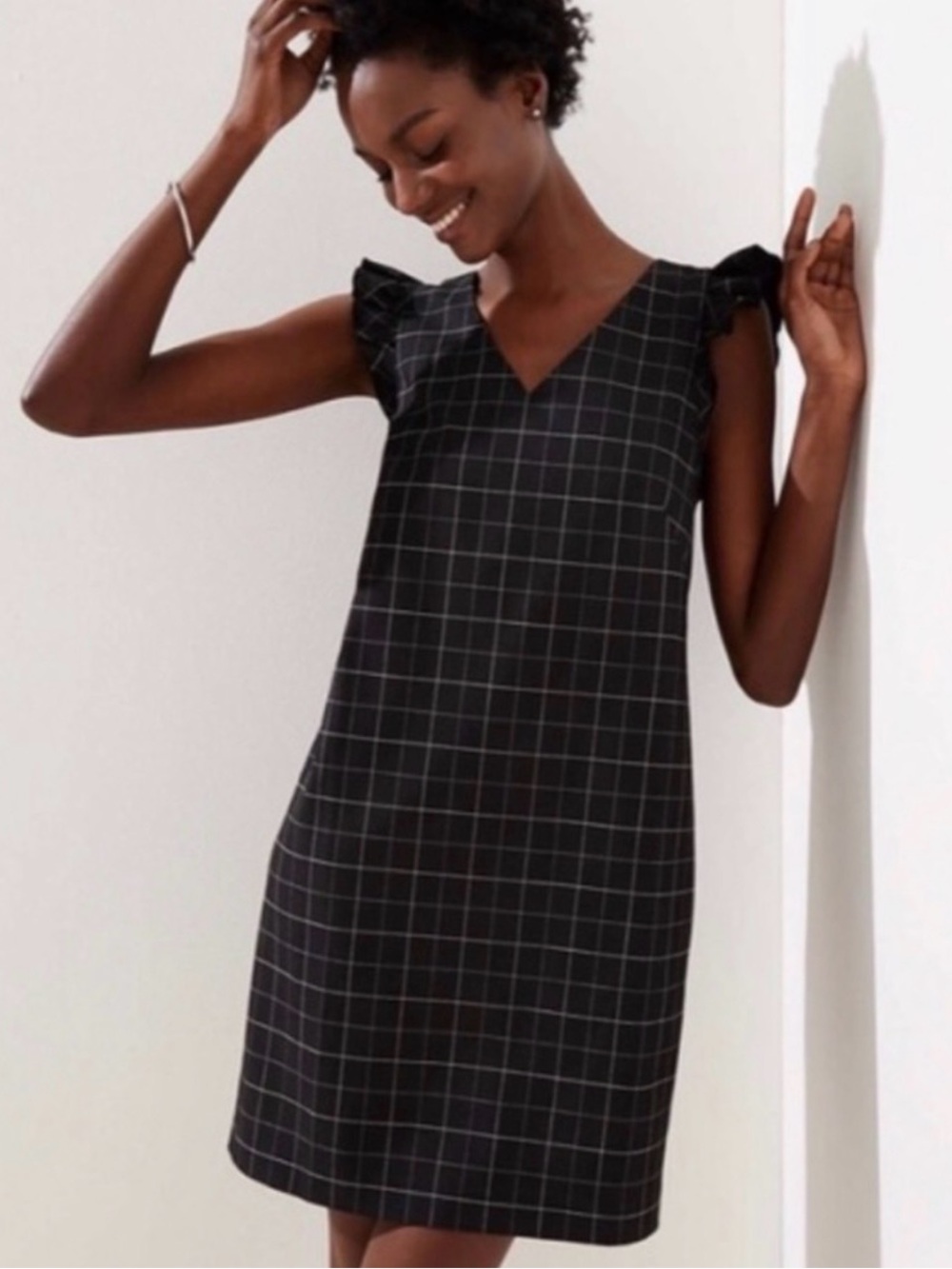 Black Windowpane Shutter sleeve V-Neck Dress - Women size 10